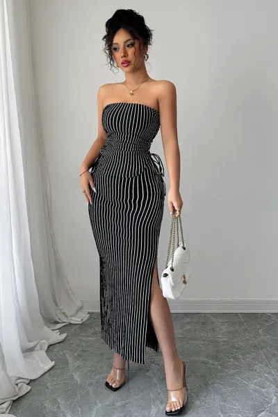 Elegant striped strappy tube top hip skirt suit