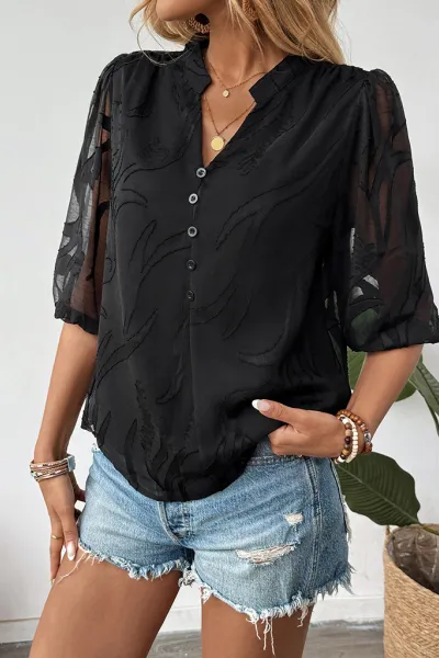 Sexy and elegant lace stitching stand collar puff sleeve solid color shirt