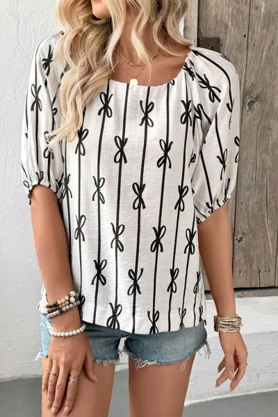 Sweet and simple puff sleeve square neck bow line shirt