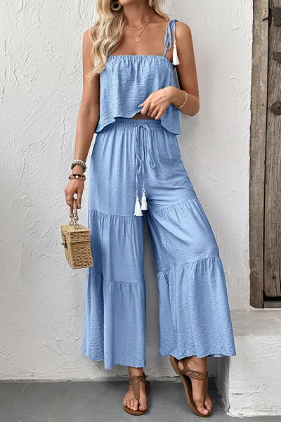 Suspender top wide-leg trousers solid color suit two-piece set
