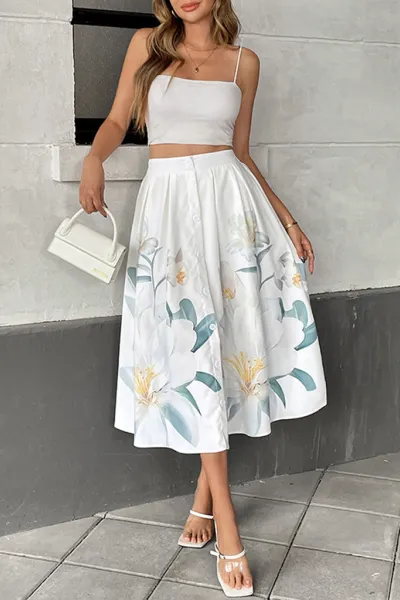 Casual Floral Holiday Dress Button Decorated Printed Skirt