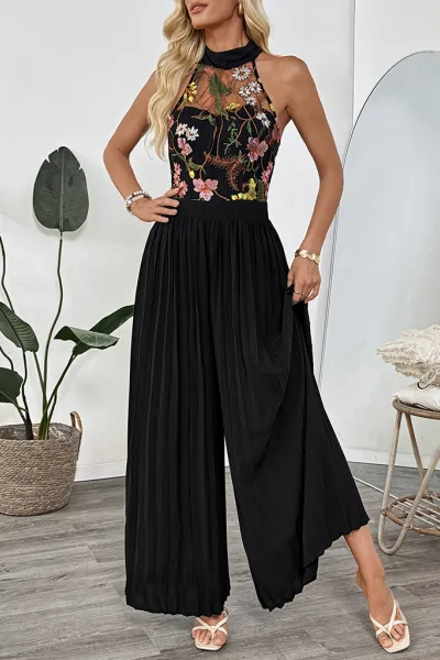 Sleeveless See-through Women's Halter Neck Sleeveless Lace Embroidery Splicing Wide Leg Jumpsuit