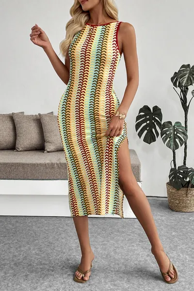 Colorful striped crochet crew neck vest sleeveless slim dress