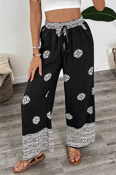 Ethnic style printed elastic waist drawstring casual comfortable straight pants