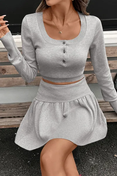 Casual round neck short belly-exposed knitted long-sleeved top + short skirt two-piece set