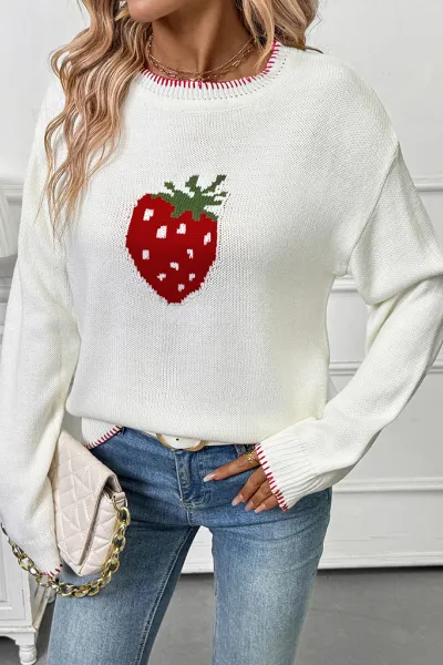 Strawberry Jacquard Sweater Crew Neck Stitched Pullover