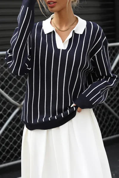 College Casual Street Fashion Style Lapel Striped Sweater for Women