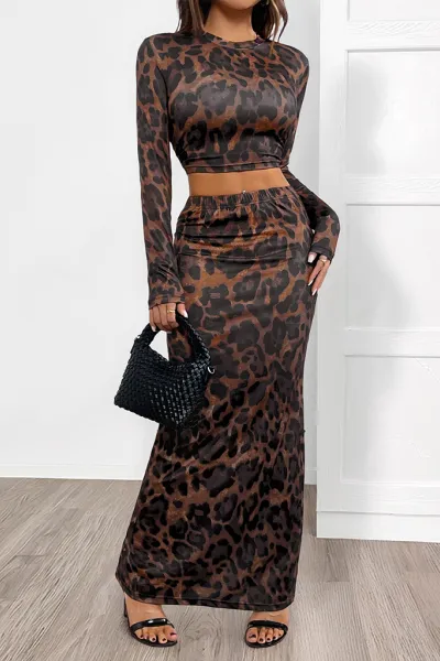 Women's round neck sexy hip-wrapped two-piece suit long sleeve leopard print slim fit slit sett