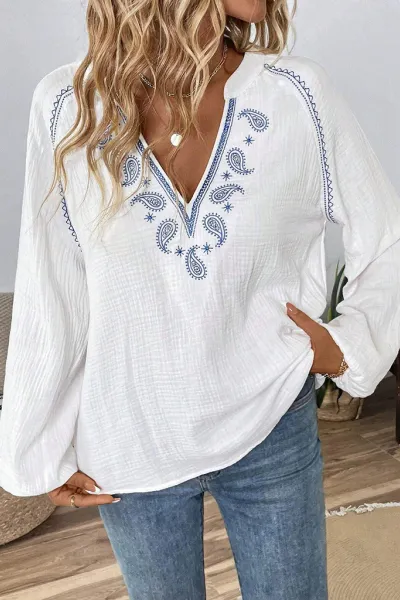 Ethnic style fashionable casual V-neck embroidered cotton top