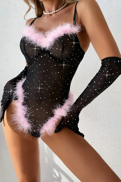 Christmas Halloween Sexy See-Through Simple Feather Splicing Bodysuit
