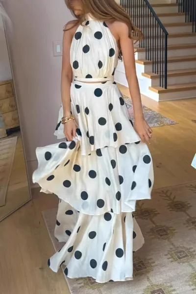 New Polka Dot Print Halter Neck Sleeveless Top Cake Skirt Set