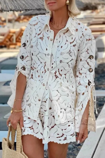 Fashion hollow long-sleeved lace shirt + shorts two-piece set