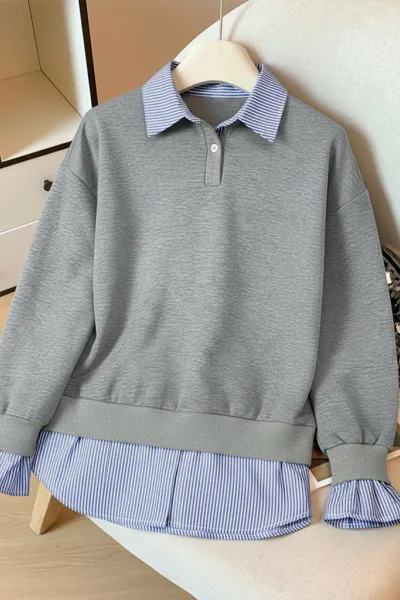 New casual preppy style collared striped faux two-piece sweatshirt