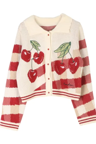 Long-sleeved knitted cardigan with turn-down collar, single-breasted, women's embroidered cherry short knitted coat