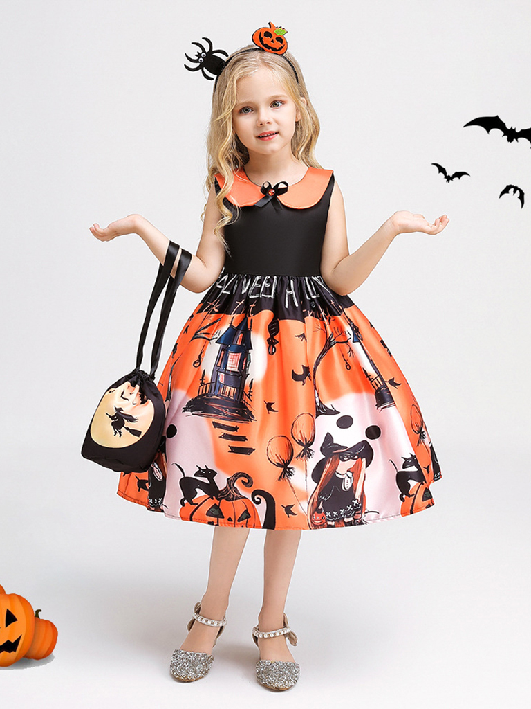 Halloween children's clothing, girls cosplay witch pumpkin performance dress princess dress