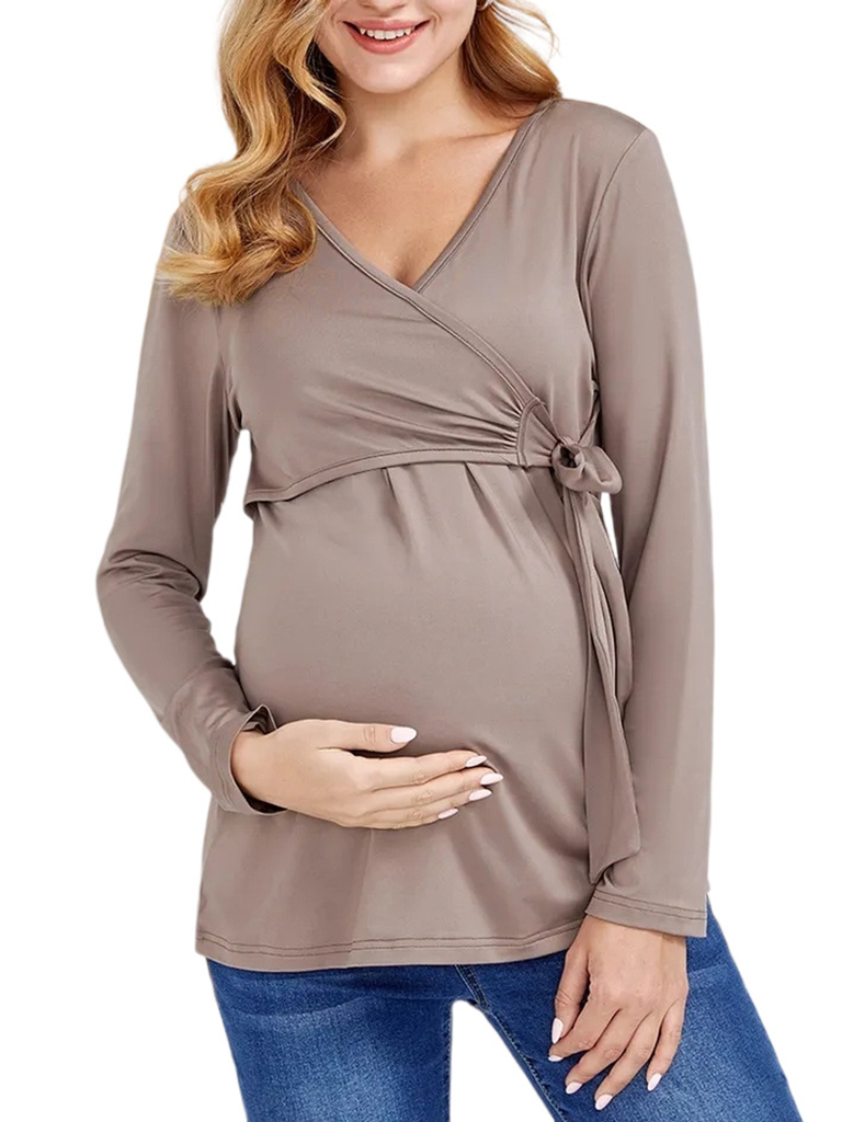 European and American solid color nursing V-neck long-sleeved maternity dress
