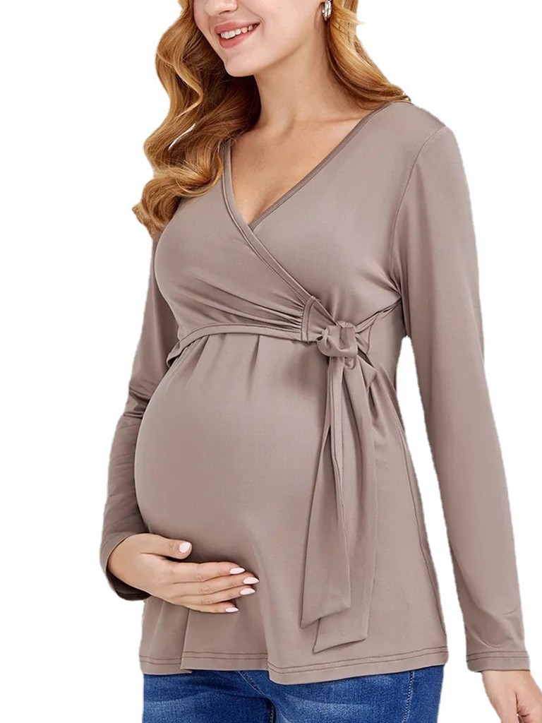 European and American solid color nursing V-neck long-sleeved maternity dress