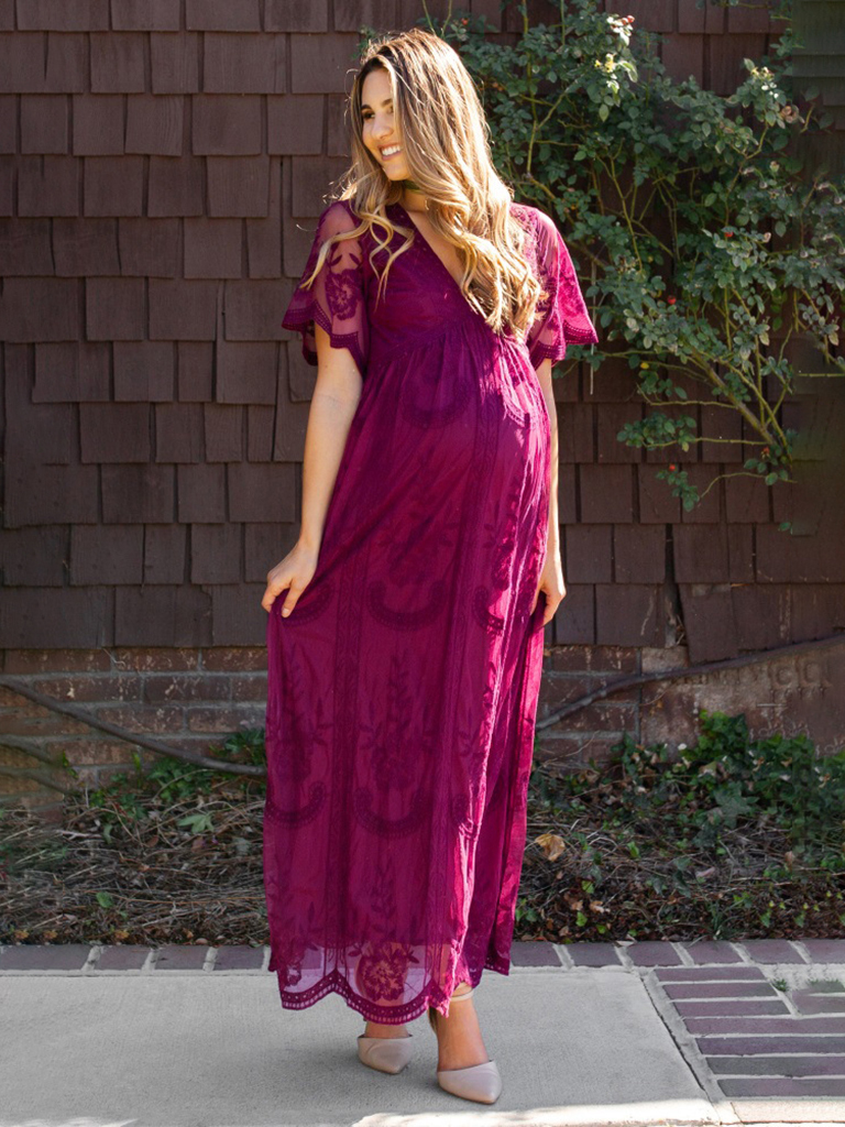Maternity clothes-Woven short-sleeved V-neck lace long dress