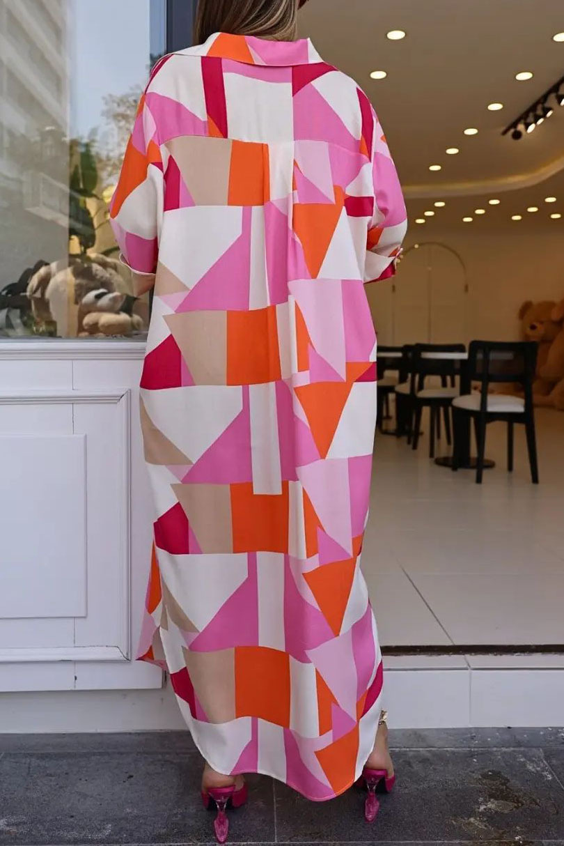 Geometric Print  Long Casual Loose Shirt Dress