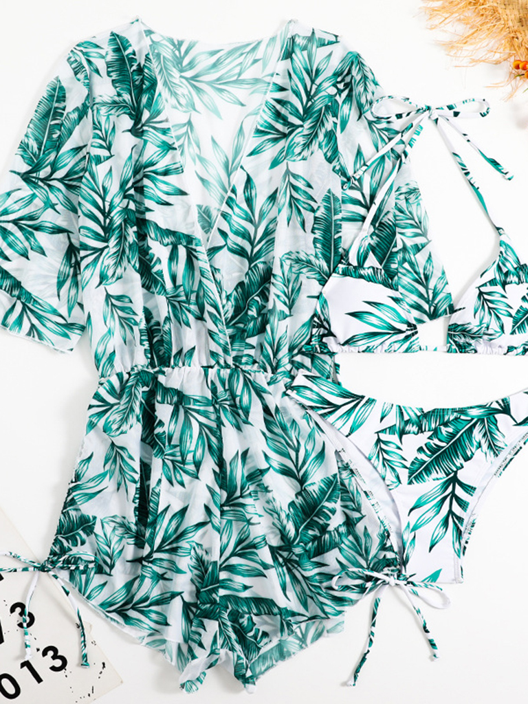 Wholesale Women's Tropical Print Tie High Waist Bikini Three-Piece Set