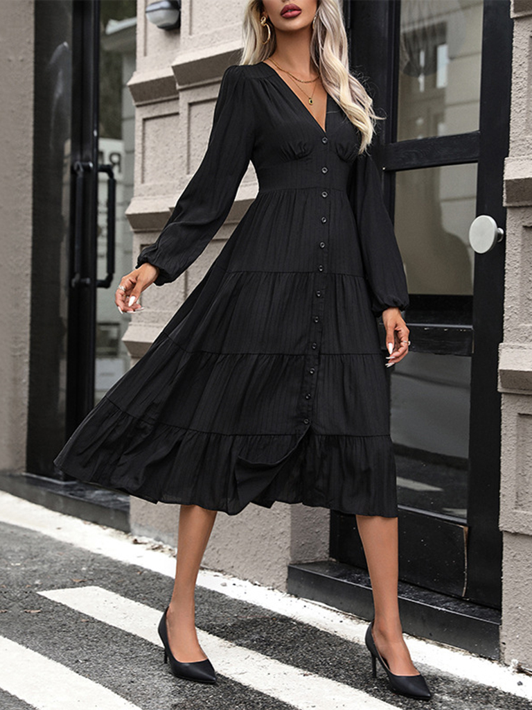 Wholesale Women's new temperament V-neck black long-sleeved dress