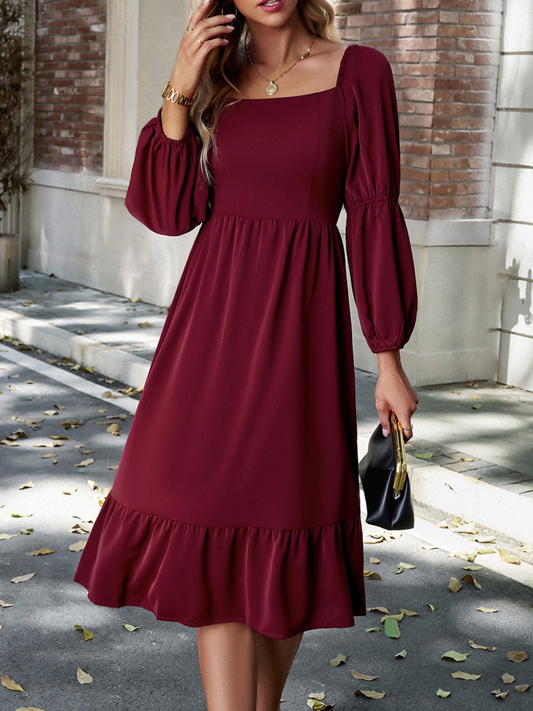 Wholesale Women's Elegant Solid Color Square Neck Long Sleeve Dress