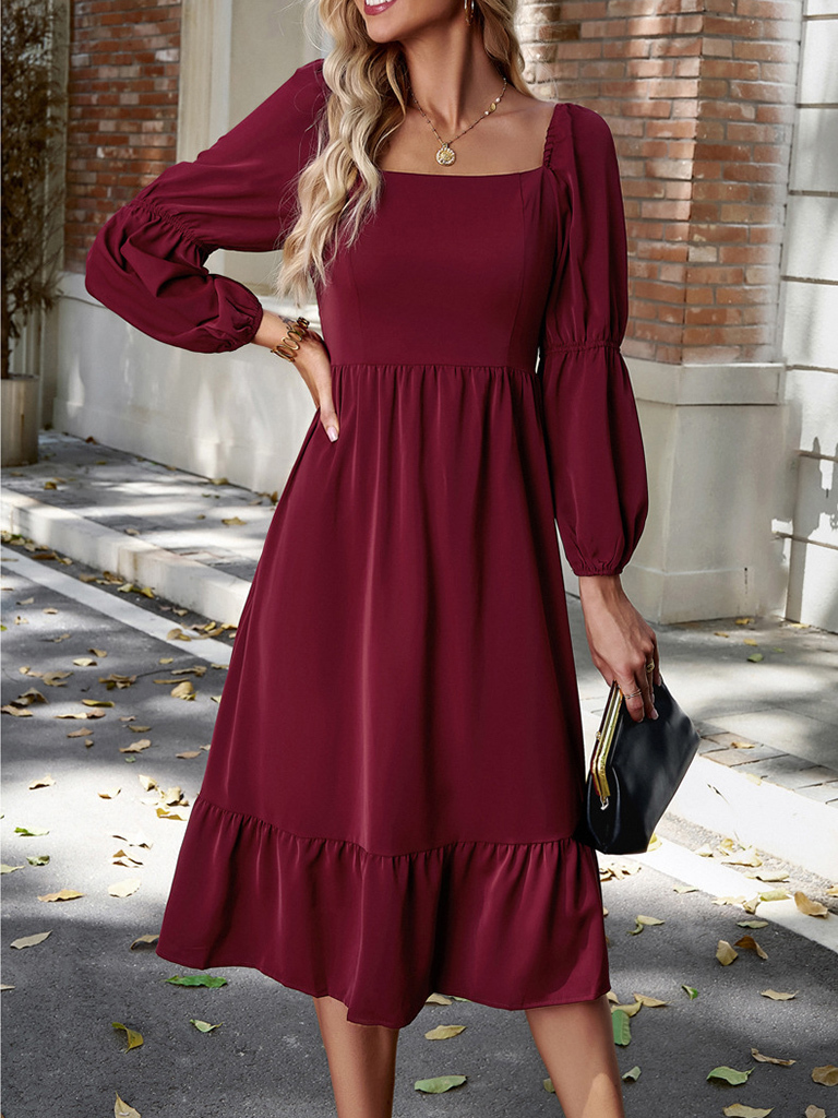 Wholesale Women's Elegant Solid Color Square Neck Long Sleeve Dress
