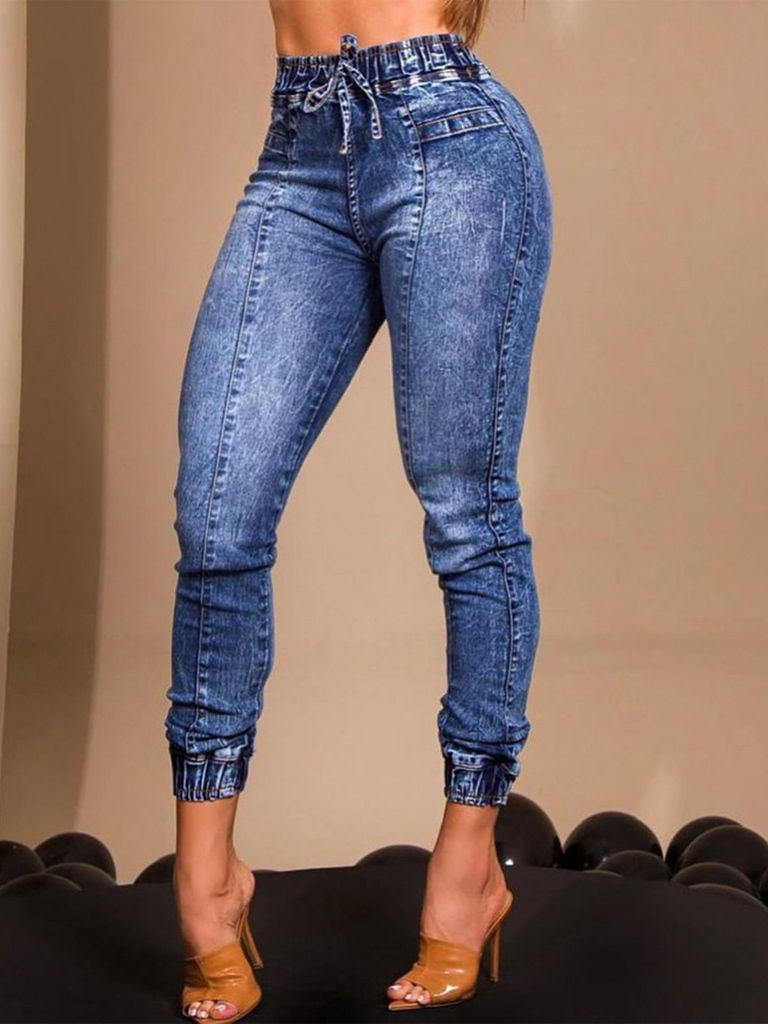 Wholesale Women's elastic waist tie slim fit jeans