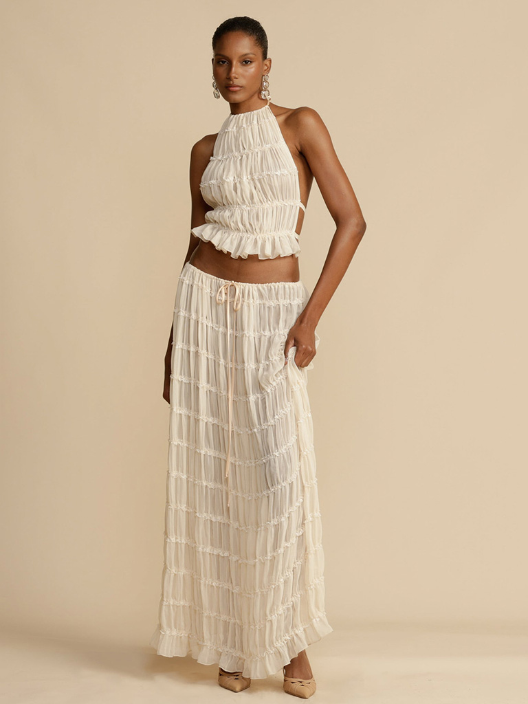 Backless lace-up halter top set and two-piece chiffon pleated long ...