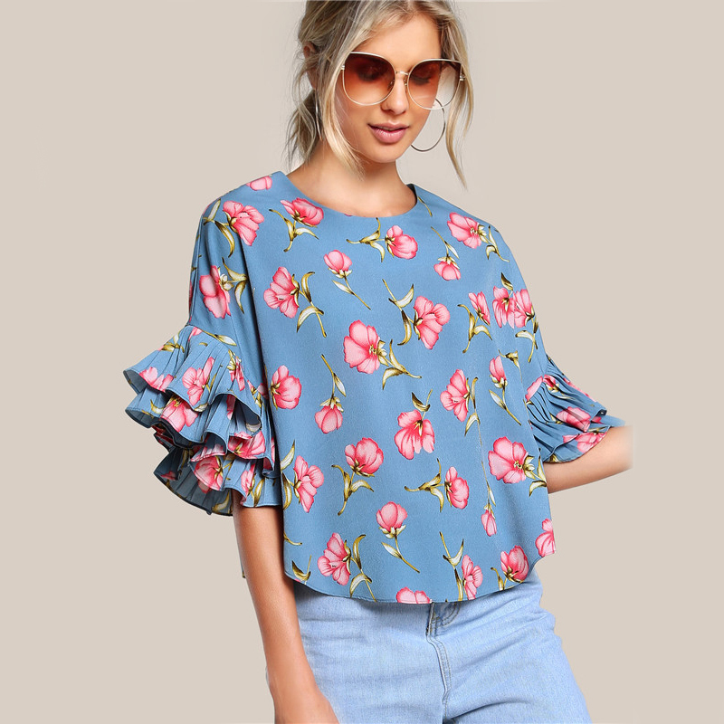 Round Neck Lotus Leaf Double Layer Flared Sleeve Short Fashion Top