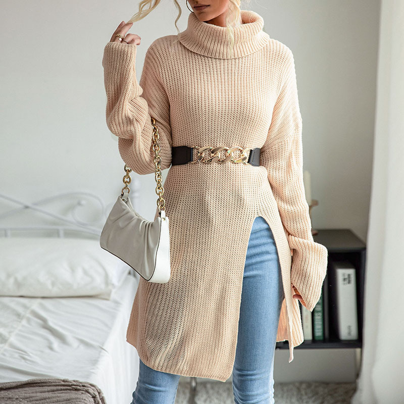 Women's Solid Color Slit Long Sleeve Turtleneck Sweater Dress