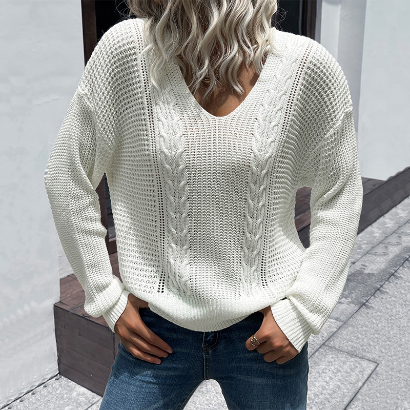Fashionable women's white long sleeve v-neck twist sweater