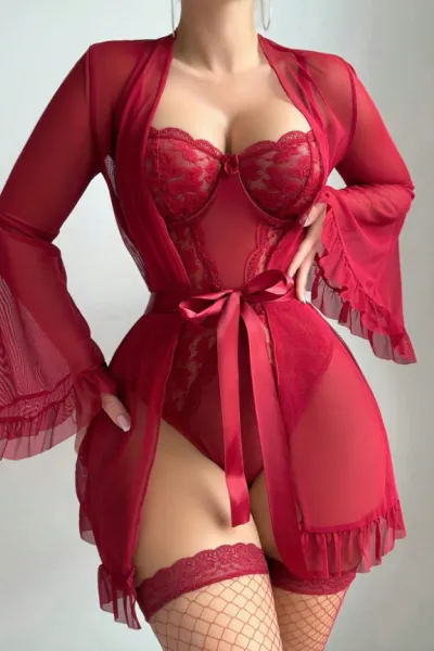 Valentine's Day sexy lingerie sexy solid color lace suspender skirt mesh see-through lace-up robe home clothes
