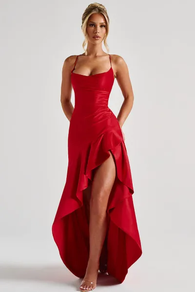 Sexy halter dress with ruffled, irregular hem.