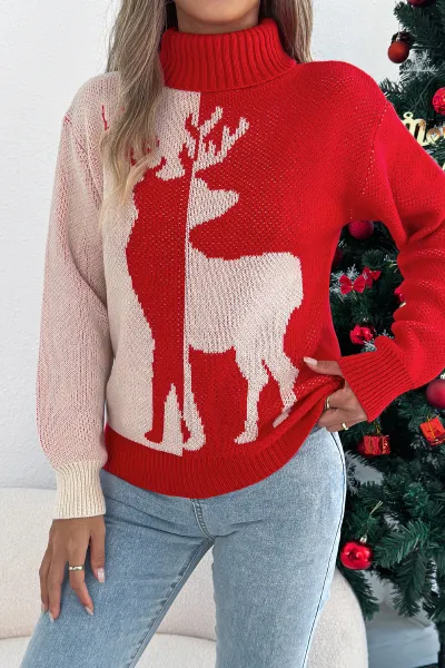 Christmas color-blocked deer lantern long-sleeved turtleneck pullover sweater