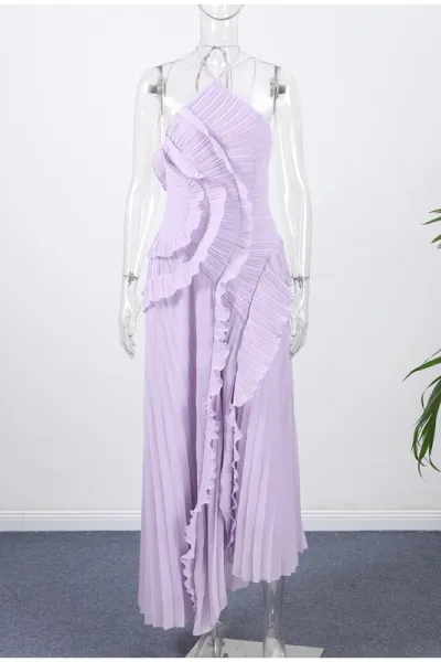 Women's new fashion pink purple pleated elegant sexy backless dress