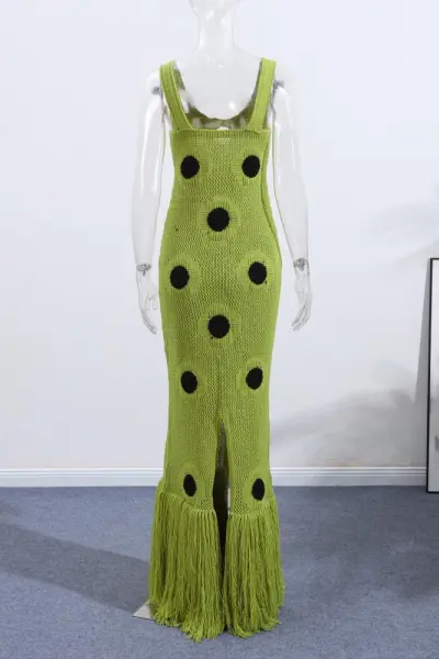 New black polka dot tassel hem knit dress