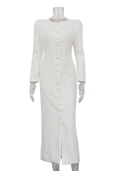 Elegant single-breasted white long-sleeved dress