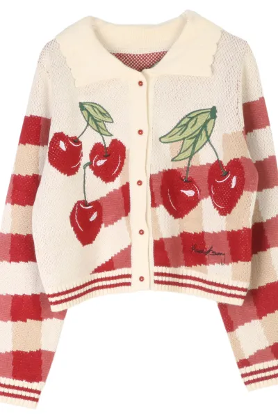 Long-sleeved knitted cardigan with turn-down collar, single-breasted, women's embroidered cherry short knitted coat