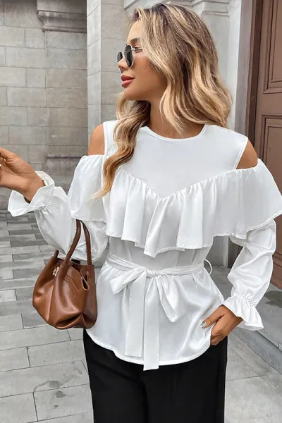 Elegant and sophisticated long-sleeved off-shoulder ruffled satin shirt